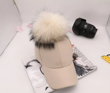 Doitbest Korean Autumn winter raccoon fur women Hip Hop Baseball Cap Noble Hairball Leather snapback Caps For Men Girls