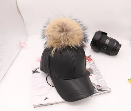 Doitbest Korean Autumn winter raccoon fur women Hip Hop Baseball Cap Noble Hairball Leather snapback Caps For Men Girls