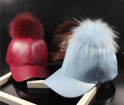 Doitbest Korean Autumn winter raccoon fur women Hip Hop Baseball Cap Noble Hairball Leather snapback Caps For Men Girls