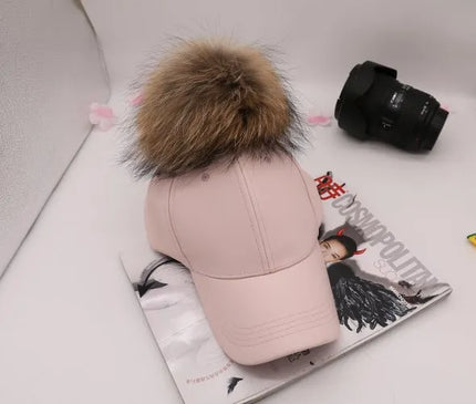 Doitbest Korean Autumn winter raccoon fur women Hip Hop Baseball Cap Noble Hairball Leather snapback Caps For Men Girls