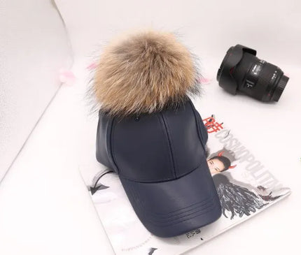 Doitbest Korean Autumn winter raccoon fur women Hip Hop Baseball Cap Noble Hairball Leather snapback Caps For Men Girls