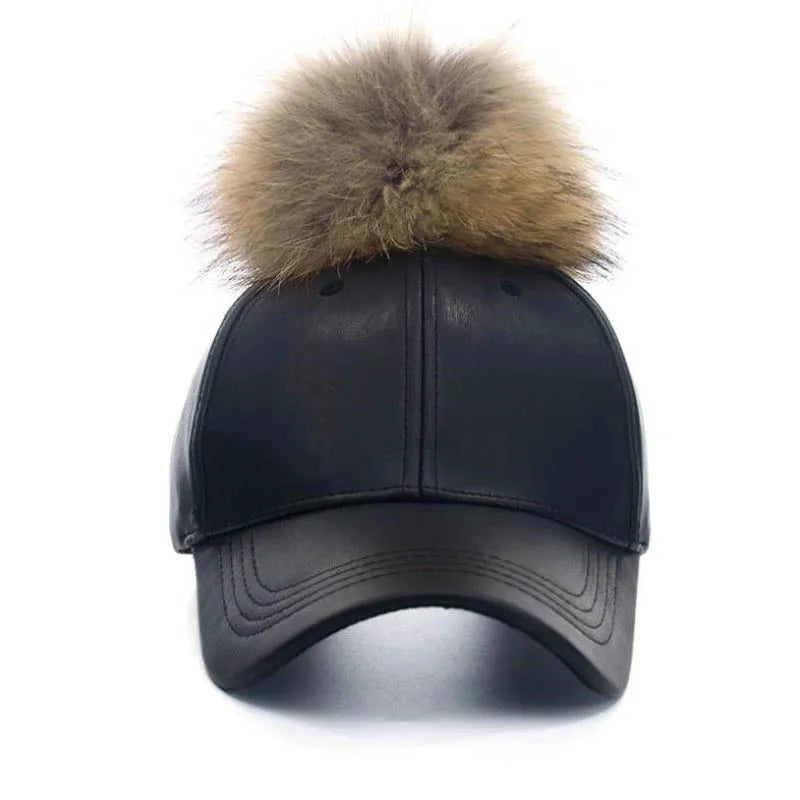 Doitbest Korean Autumn winter raccoon fur women Hip Hop Baseball Cap Noble Hairball Leather snapback Caps For Men Girls