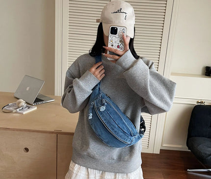 New Denim Shoulder Chest Bag for Women Sporty Casual Style Simple Fashionable Waist Bags Mobile Phone Crossbody Bag for Men
