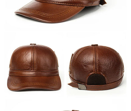 Mens Leather Cap Winter Warm Real Cowhide Baseball Hat With Ear Flaps For Outdoor Mature Men
