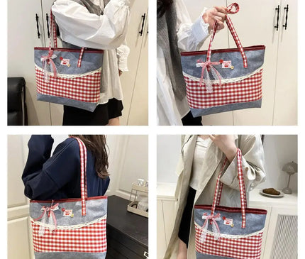 Retro Lattice Lace Bow Shoulder Bag Lovely Rural Style Denim Plaid Handbag Leisure Vintage Commuting Tote Bag Women