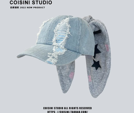 Niche Y2k Rabbit Ears Denim Ripped Baseball Cap Men and Women Dark Personality Metal Ring Street Trend Adjustable Sports Hat