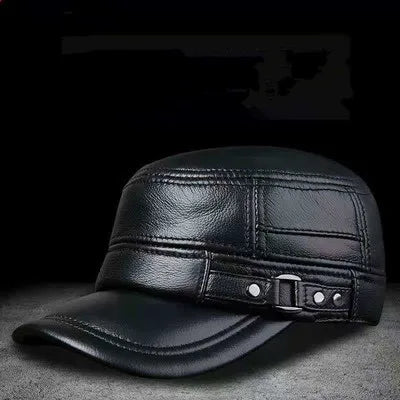 Mens Leather Cap Winter Warm Real Cowhide Baseball Hat With Ear Flaps For Outdoor Mature Men