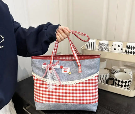 Retro Lattice Lace Bow Shoulder Bag Lovely Rural Style Denim Plaid Handbag Leisure Vintage Commuting Tote Bag Women