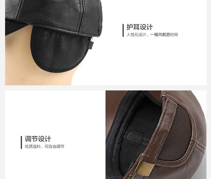 2024 New Style Men Cowhide Hat Winter Warm Outdoor Protect Ear Real Leather Adjustable Baseball Cap Men Real Cowhide Leather Cap