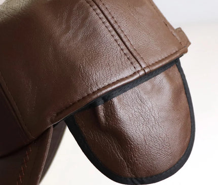 2024 New Style Men Cowhide Hat Winter Warm Outdoor Protect Ear Real Leather Adjustable Baseball Cap Men Real Cowhide Leather Cap