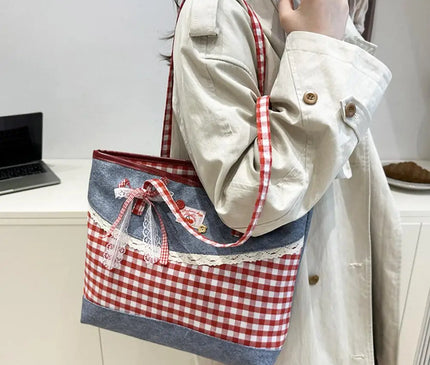 Retro Lattice Lace Bow Shoulder Bag Lovely Rural Style Denim Plaid Handbag Leisure Vintage Commuting Tote Bag Women