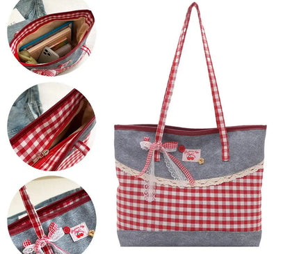 Retro Lattice Lace Bow Shoulder Bag Lovely Rural Style Denim Plaid Handbag Leisure Vintage Commuting Tote Bag Women