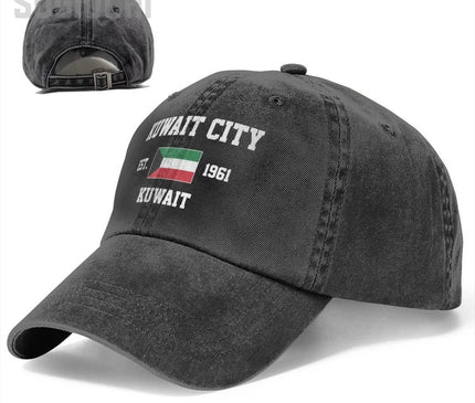 Flag of Kuwait EST.1961 Kuwait City Unisex Adult Charcoal Washed Denim Baseball Cap Men Vintage Cotton Dad Patriotic Trucker Hat