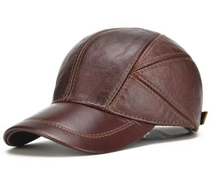Men's 2025 Casual Real Leather Earflap Cap Men Real Cowhide Leather Caps Male Fall Winter Genuine Real Cow Leather Baseball Hats