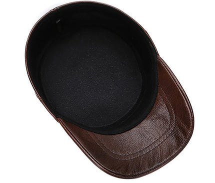 2025 Men's cowhide military hat 100% Genuine leather cap autumn and winter outdoor patchwork quilted leather warm ear flat hats