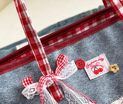 Retro Lattice Lace Bow Shoulder Bag Lovely Rural Style Denim Plaid Handbag Leisure Vintage Commuting Tote Bag Women