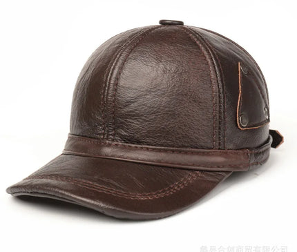 Mens Leather Cap Winter Warm Real Cowhide Baseball Hat With Ear Flaps For Outdoor Mature Men