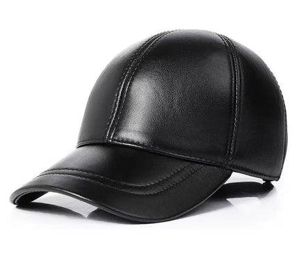 Mens Leather Cap Winter Warm Real Cowhide Baseball Hat With Ear Flaps For Outdoor Mature Men