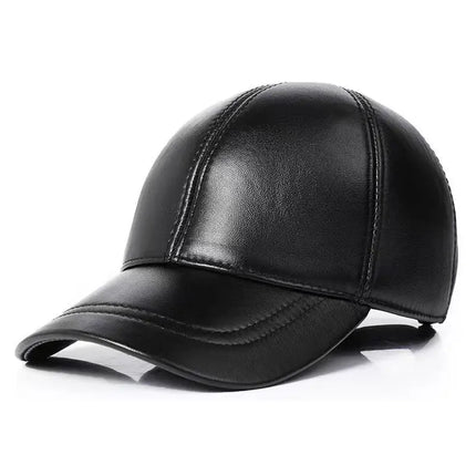 Mens Leather Cap Winter Warm Real Cowhide Baseball Hat With Ear Flaps For Outdoor Mature Men