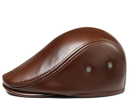 Mens Leather Cap Winter Warm Real Cowhide Baseball Hat With Ear Flaps For Outdoor Mature Men