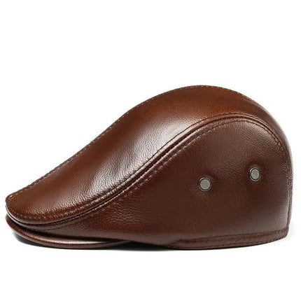 Mens Leather Cap Winter Warm Real Cowhide Baseball Hat With Ear Flaps For Outdoor Mature Men