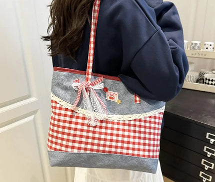 Retro Lattice Lace Bow Shoulder Bag Lovely Rural Style Denim Plaid Handbag Leisure Vintage Commuting Tote Bag Women