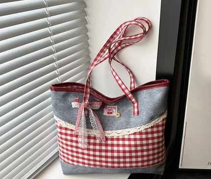 Retro Lattice Lace Bow Shoulder Bag Lovely Rural Style Denim Plaid Handbag Leisure Vintage Commuting Tote Bag Women