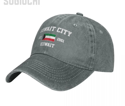Flag of Kuwait EST.1961 Kuwait City Unisex Adult Charcoal Washed Denim Baseball Cap Men Vintage Cotton Dad Patriotic Trucker Hat