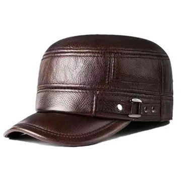 Mens Leather Cap Winter Warm Real Cowhide Baseball Hat With Ear Flaps For Outdoor Mature Men