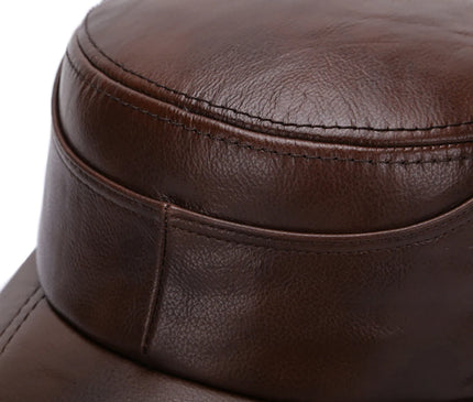 2025 Men's cowhide military hat 100% Genuine leather cap autumn and winter outdoor patchwork quilted leather warm ear flat hats