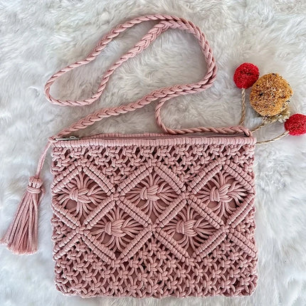 1pc Boho Chic Handwoven Shoulder Bag for Women,Handwoven Cotton with Zipper & Tassel Details,Beach Bag,for Travel,Casual Outings