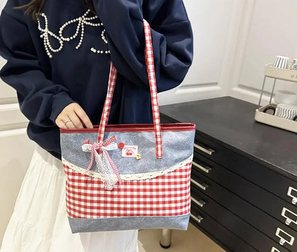 Retro Lattice Lace Bow Shoulder Bag Lovely Rural Style Denim Plaid Handbag Leisure Vintage Commuting Tote Bag Women