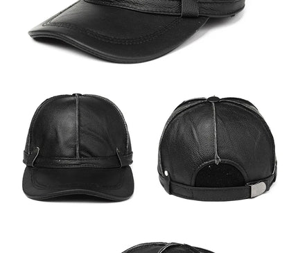 Mens Leather Cap Winter Warm Real Cowhide Baseball Hat With Ear Flaps For Outdoor Mature Men