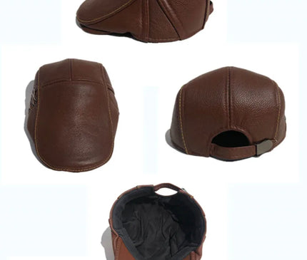 Mens Leather Cap Winter Warm Real Cowhide Baseball Hat With Ear Flaps For Outdoor Mature Men