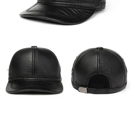 Mens Leather Cap Winter Warm Real Cowhide Baseball Hat With Ear Flaps For Outdoor Mature Men