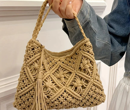 1pc Boho Chic Handwoven Shoulder Bag for Women,Handwoven Cotton with Zipper & Tassel Details,Beach Bag,for Travel,Casual Outings