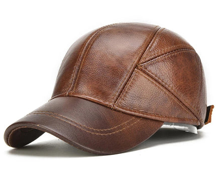 Men's 2025 Casual Real Leather Earflap Cap Men Real Cowhide Leather Caps Male Fall Winter Genuine Real Cow Leather Baseball Hats