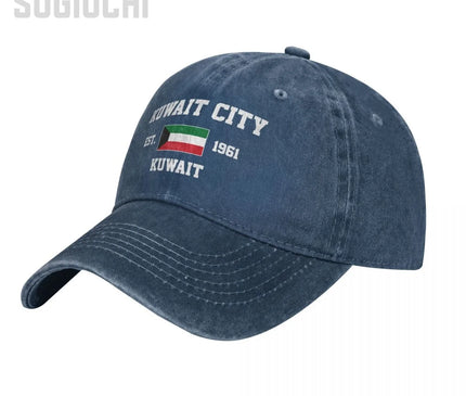 Flag of Kuwait EST.1961 Kuwait City Unisex Adult Charcoal Washed Denim Baseball Cap Men Vintage Cotton Dad Patriotic Trucker Hat