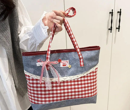 Retro Lattice Lace Bow Shoulder Bag Lovely Rural Style Denim Plaid Handbag Leisure Vintage Commuting Tote Bag Women