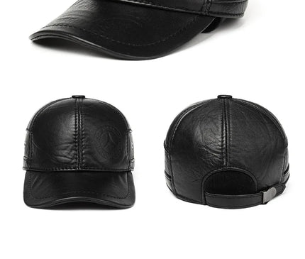 Mens Leather Cap Winter Warm Real Cowhide Baseball Hat With Ear Flaps For Outdoor Mature Men