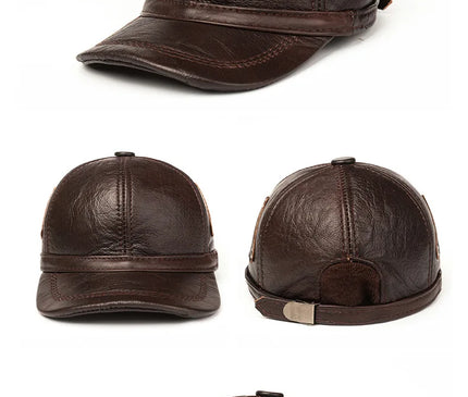 Mens Leather Cap Winter Warm Real Cowhide Baseball Hat With Ear Flaps For Outdoor Mature Men