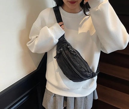 New Denim Shoulder Chest Bag for Women Sporty Casual Style Simple Fashionable Waist Bags Mobile Phone Crossbody Bag for Men