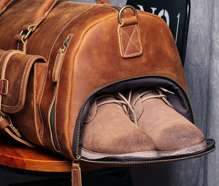 MUNUKI Vintage Crazy Horse Genuine Leather Travel bag  Large Luggage bag men Leather duffle bag Large Weekend Bag Tote Big