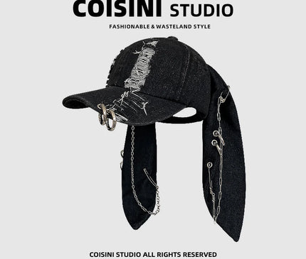 Niche Y2k Rabbit Ears Denim Ripped Baseball Cap Men and Women Dark Personality Metal Ring Street Trend Adjustable Sports Hat