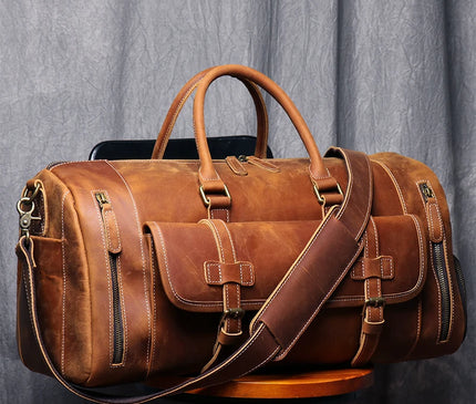 MUNUKI Vintage Crazy Horse Genuine Leather Travel bag  Large Luggage bag men Leather duffle bag Large Weekend Bag Tote Big