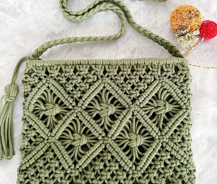 1pc Boho Chic Handwoven Shoulder Bag for Women,Handwoven Cotton with Zipper & Tassel Details,Beach Bag,for Travel,Casual Outings