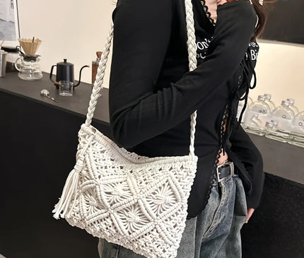 1pc Boho Chic Handwoven Shoulder Bag for Women,Handwoven Cotton with Zipper & Tassel Details,Beach Bag,for Travel,Casual Outings