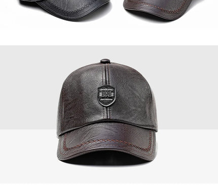 2024 New Style Men Cowhide Hat Winter Warm Outdoor Protect Ear Real Leather Adjustable Baseball Cap Men Real Cowhide Leather Cap