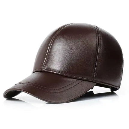 Mens Leather Cap Winter Warm Real Cowhide Baseball Hat With Ear Flaps For Outdoor Mature Men