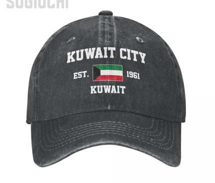 Flag of Kuwait EST.1961 Kuwait City Unisex Adult Charcoal Washed Denim Baseball Cap Men Vintage Cotton Dad Patriotic Trucker Hat